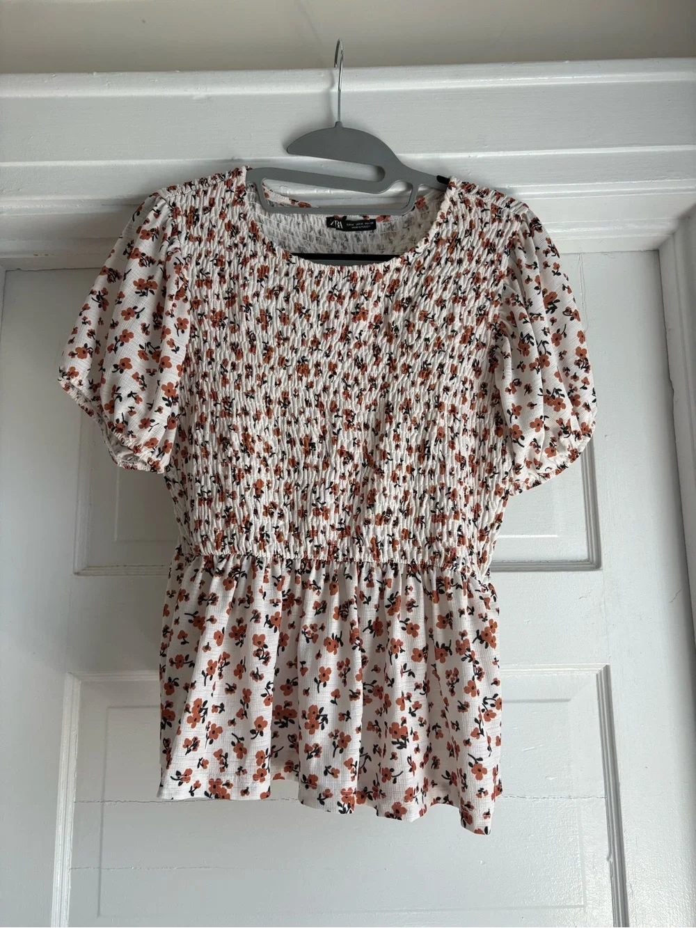 Zara Floral Smocked Peplum Top - White with Rust Floral